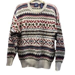 Vintage Gap Cotton Knit Sweater Mens Large Pullover Y2K 90's Fair Isle Red Green